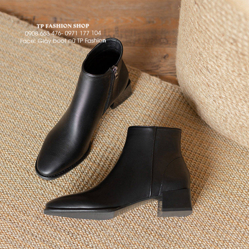 Giày boot nữ cổ ngắn đế thấp 4cm MŨI VUÔNG đơn giản thoải mái đi bộ GBN02A