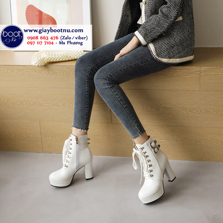 Giày boot nữ cổ ngắn màu trắng buộc dây XINH XẮN GBN10102 