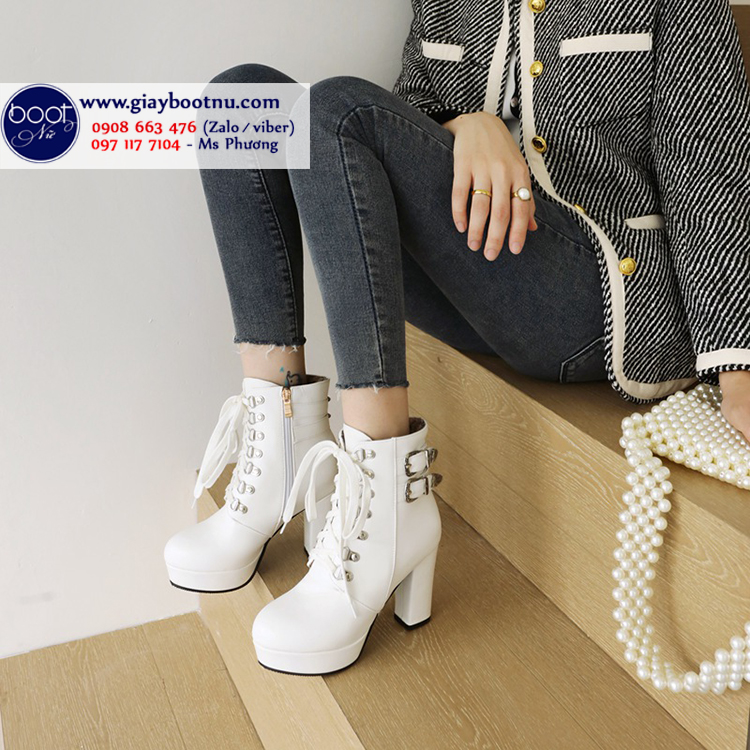 Giày boot nữ cổ ngắn màu trắng buộc dây XINH XẮN GBN10102 