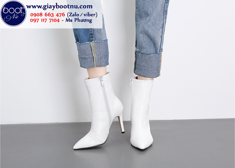 Giày boot nữ cổ lửng gót nhọn trắng sành điệu GBN1102