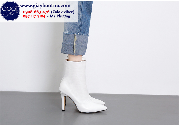 Giày boot nữ cổ lửng gót nhọn trắng sành điệu GBN1102