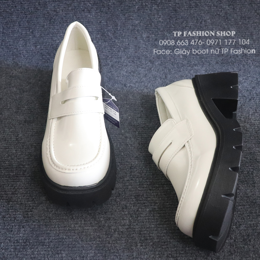 Giày LOAFER nữ ĐẾ CAO 7CM màu trắng da bóng phong cách Hàn Quốc GBN119B