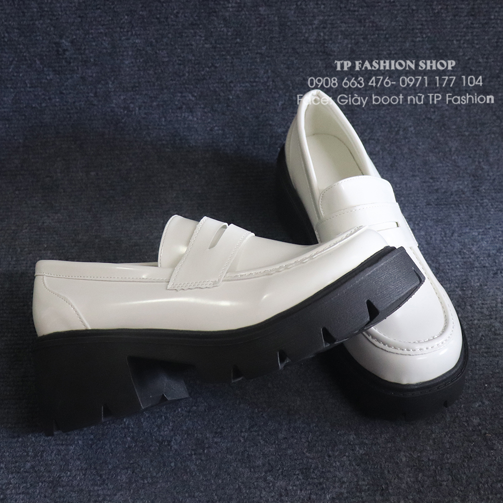 Giày LOAFER nữ ĐẾ CAO 7CM màu trắng da bóng phong cách Hàn Quốc GBN119B