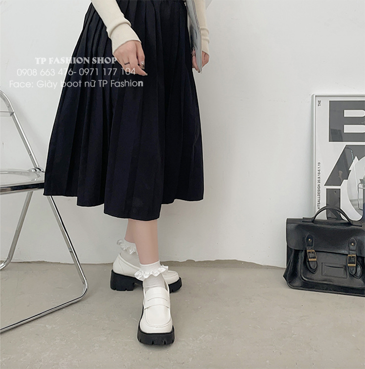 Giày LOAFER nữ màu trắng da bóng đế dầy loại tốt phong cách Hàn Quốc GBN119B 