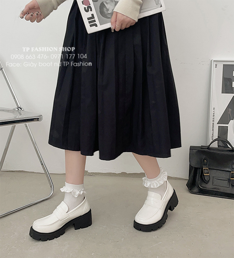 Giày LOAFER nữ màu trắng da bóng đế dầy loại tốt phong cách Hàn Quốc GBN119B 