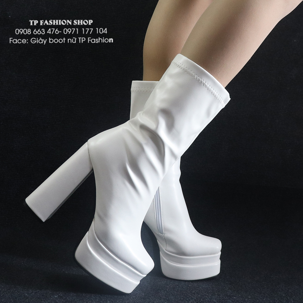 Giày boot nữ cao gót 14cm TRẮNG cổ lửng ĐẾ KÉP phong cách Âu Mỹ GBN120B