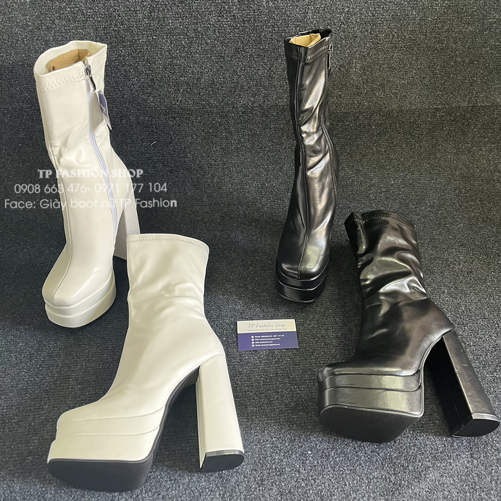 Giày boot nữ cao gót 14cm TRẮNG cổ lửng ĐẾ KÉP phong cách Âu Mỹ GBN120B