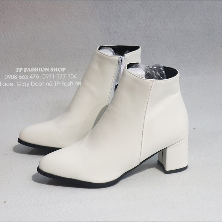 Giày boot nữ cổ ngắn MÀU TRẮNG gót vuông 6cm mũi nhọn ĐƠN GIẢN GBN125B
