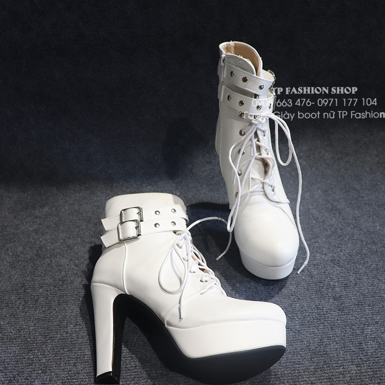 Giày boot nữ cột dây cao gót 11.5cm màu trắng CÁ TÍNH mang đi tiệc, đi chơi, biểu diễn GBN126B