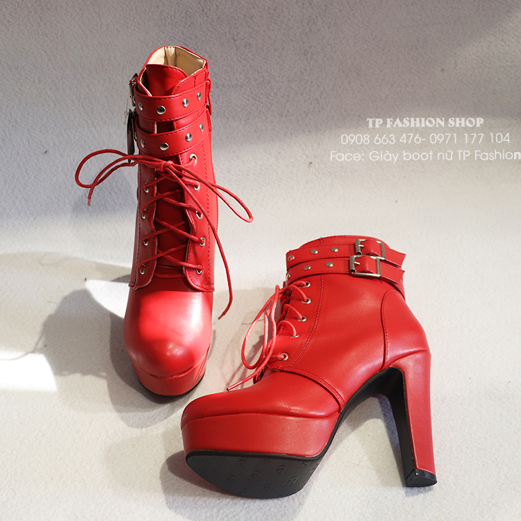 Giày boot nữ cột dây cao gót 11.5cm màu đỏ CÁ TÍNH mang đi tiệc, đi chơi, biểu diễn GBN126C
