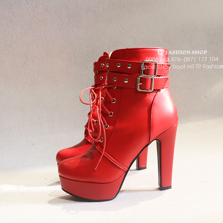 Giày boot nữ cột dây cao gót 11.5cm màu đỏ CÁ TÍNH mang đi tiệc, đi chơi, biểu diễn GBN126C
