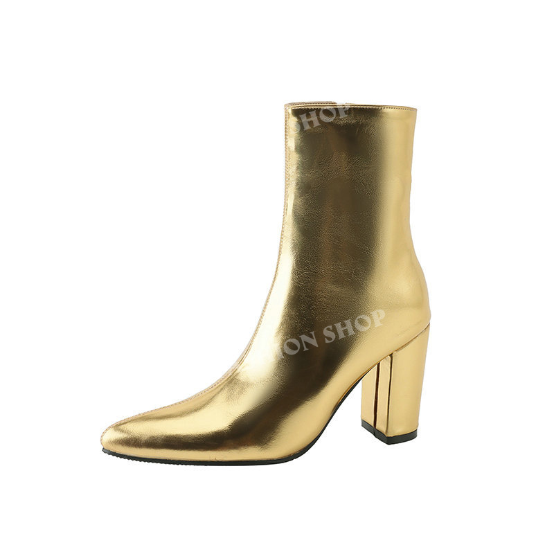 Giày boot nữ cổ ngắn MÀU VÀNG ĐỒNG, DA BÓNG, mũi nhọn, gót vuông 8.5cm SANG XỊN GBN13B