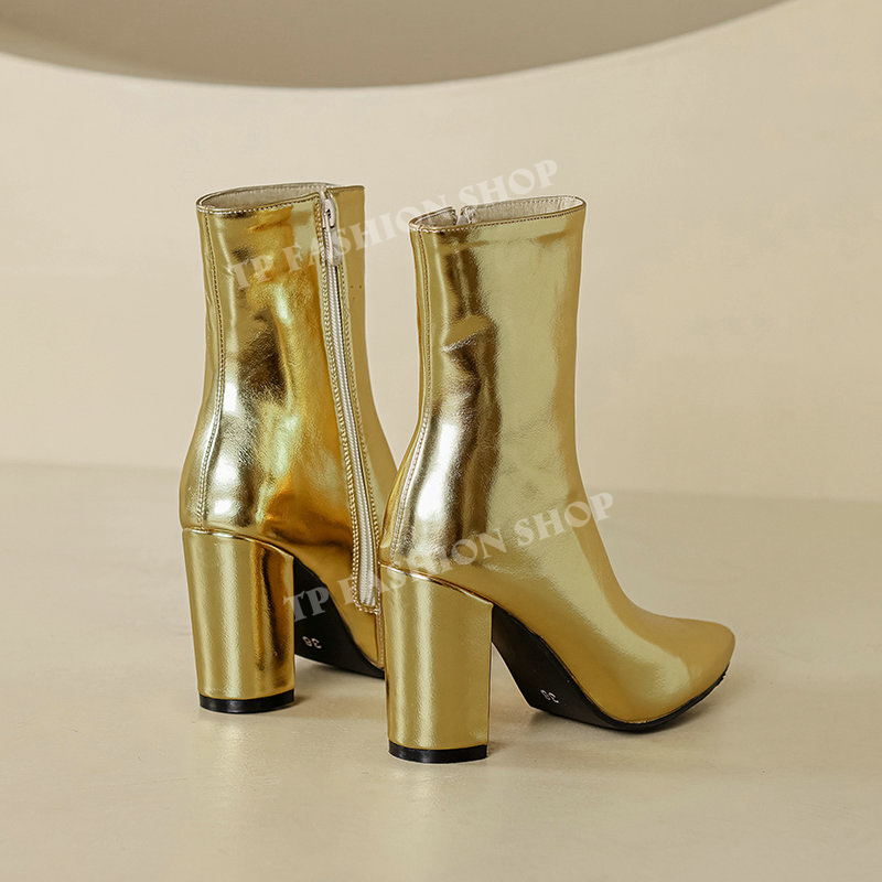 Giày boot nữ cổ ngắn MÀU VÀNG ĐỒNG, DA BÓNG, mũi nhọn, gót vuông 8.5cm SANG XỊN GBN13B