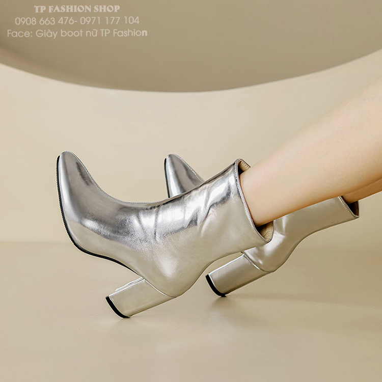 Giày boot BẠC cổ ngắn MŨI NHỌN , GÓT VUÔNG 8.5CM đơn giản, hiện đại GBN13A