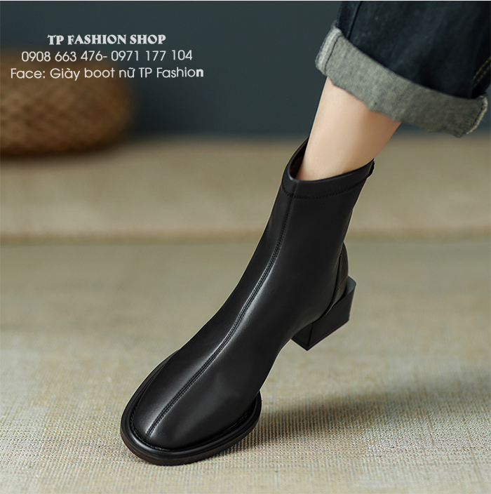 Giày boot nữ cổ ngắn, đế hình vuông thấp, GÓT GIÀY CÓ ĐƯỜNG GÂN cho style SANG CHẢNH GBN14