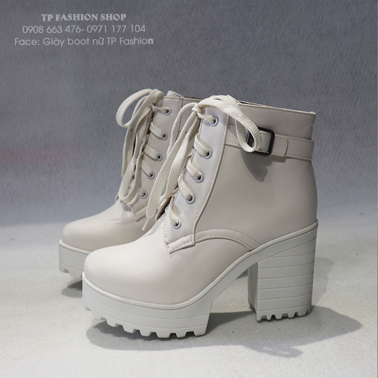 Giày boot nữ cột dây cổ ngắn màu trắng đế to cao 9cm cho style cá tính GBN16302