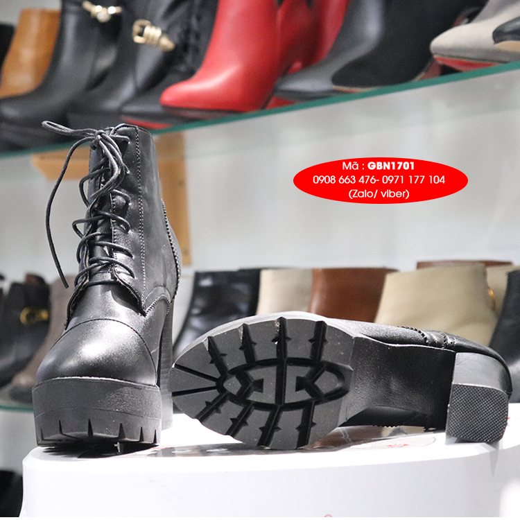 Giày boot nữ cổ ngắn cột dây cao 12cm màu đen THỜI THƯỢNG GBN1701