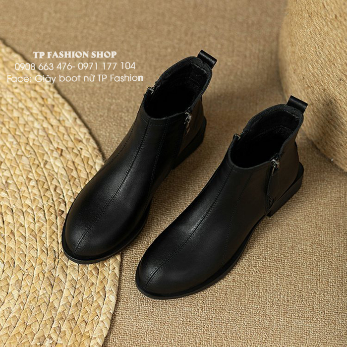Giày boot nữ cổ ngắn đế thấp 2 DÂY KÉO chất da Pu mềm thoải mái đi bộ GBN17