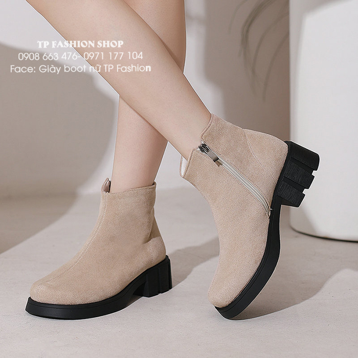 Giày boot nữ cổ ngắn DA LỘN màu KEM êm chân, đế bảng cao 4.5cm ĐƠN GIẢN thoải mái đi bộ GBN19B