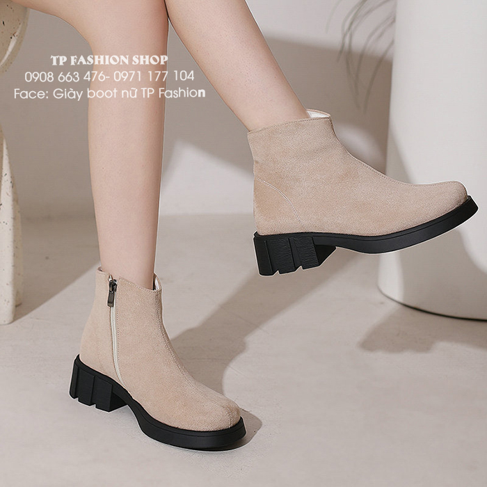 Giày boot nữ cổ ngắn DA LỘN màu KEM êm chân, đế bảng cao 4.5cm ĐƠN GIẢN thoải mái đi bộ GBN19B