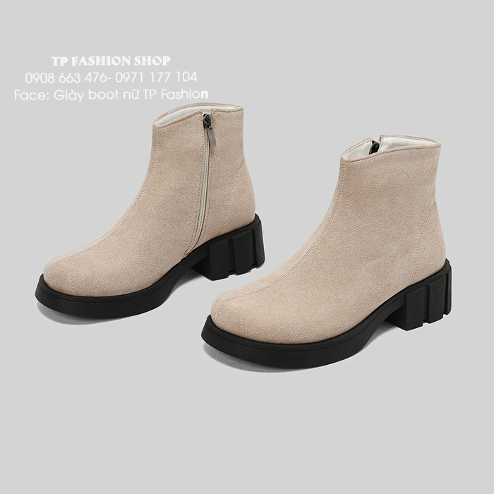  Giày boot nữ cổ ngắn DA LỘN màu KEM êm chân, đế bảng cao 4.5cm ĐƠN GIẢN thoải mái đi bộ GBN19B