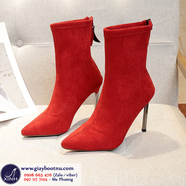 Giày boot nữ màu đỏ cổ lửng sành điệu màu đỏ GBN19003