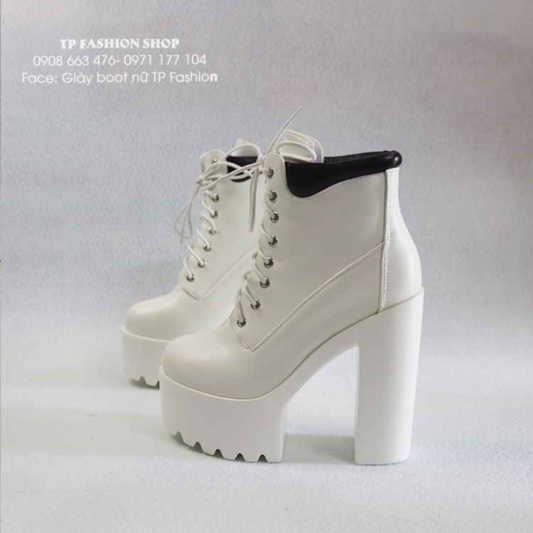 Giày boot nữ đế vuông CỘT DÂY 14cm màu trắng MANG NHẸ- CHẮC CHẮN- TÔN DÁNG