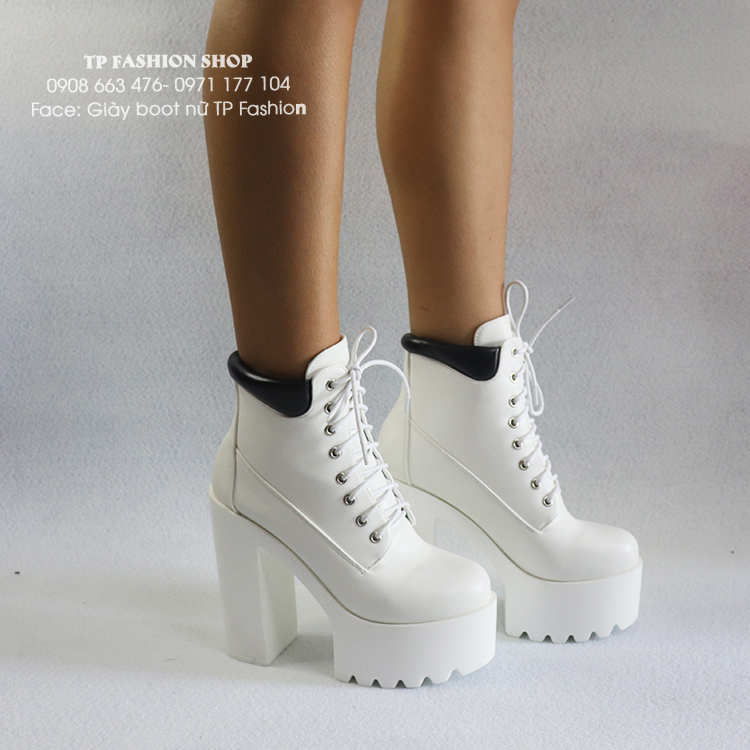 Giày boot nữ đế vuông CỘT DÂY 14cm màu trắng MANG NHẸ- CHẮC CHẮN- TÔN DÁNG