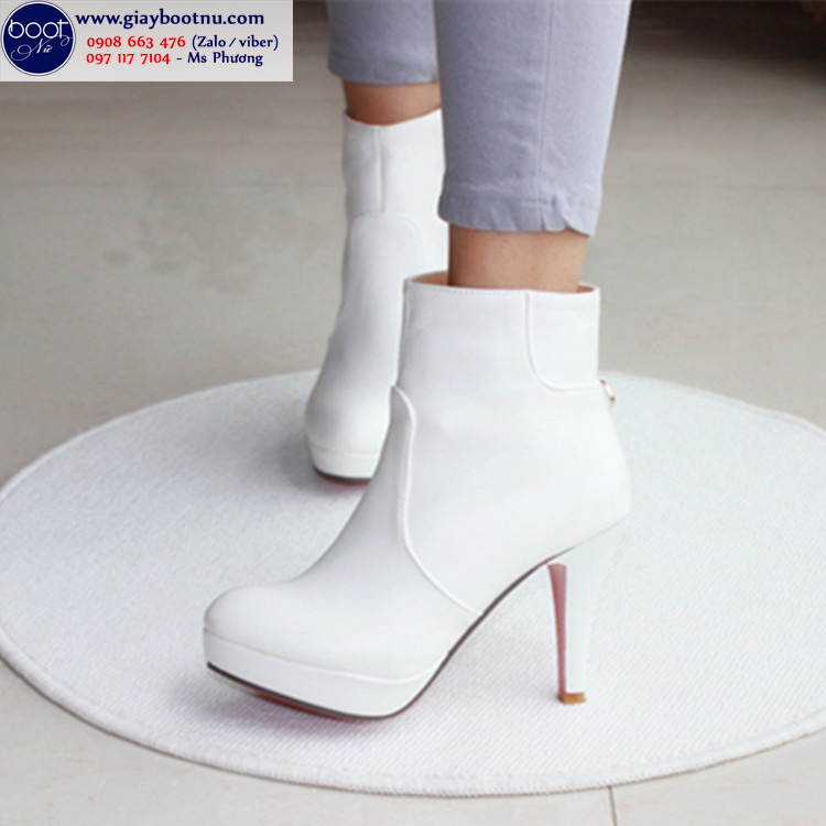 Giày boot nữ cổ ngắn màu trắng cao gót GBN195