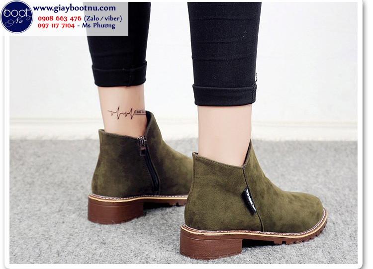 Giày boot nữ cổ ngắn đế trệt màu xanh rêu GBN19902