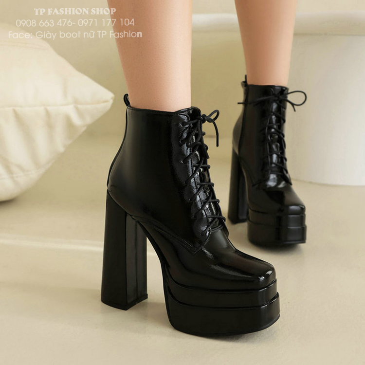 Giày boot cột dây CAO GÓT 14CM  da bóng đế kép CHẮC CHÂN TÔN DÁNG GBN20A