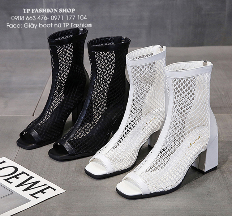 Giày boot lưới nữ đơn giản gót vuông cao 8cm 2 màu đen trắng GBN22