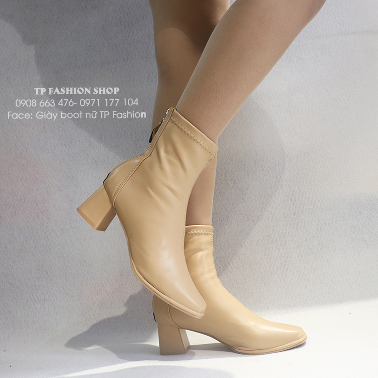 Giày boot nữ cổ lửng ĐƠN GIẢN  màu da gót vuông 6cm XINH XẮN GBN2303