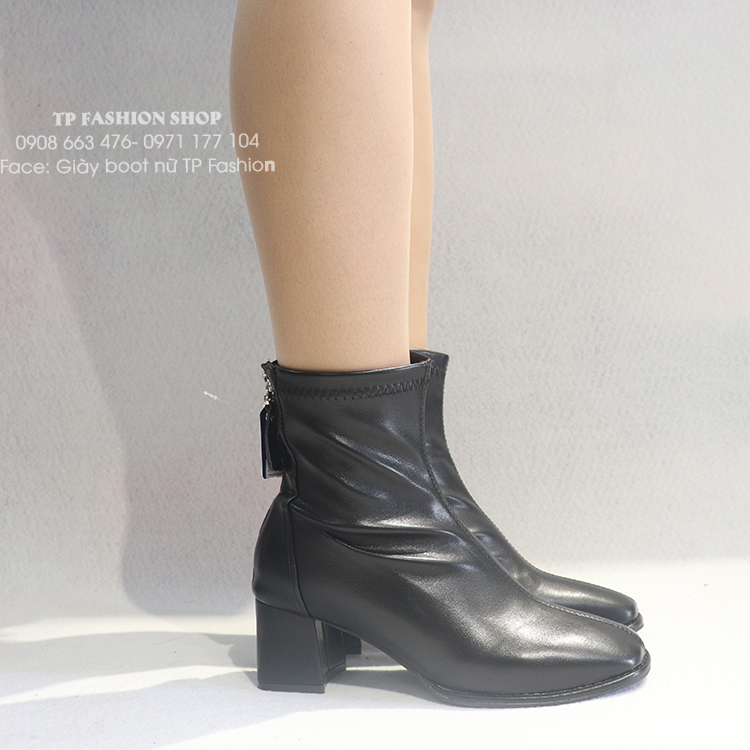 Giày boot nữ cổ lửng màu đen ĐƠN GIẢN gót vuông 6cm GBN2301