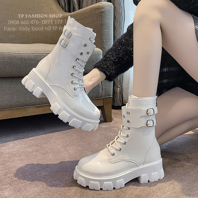 Giày boot nữ buộc dây DA BÓNG đế thấp 3cm màu TRẮNG cổ lửng 17cm chuẩn style CÁ TÍNH GBN29B