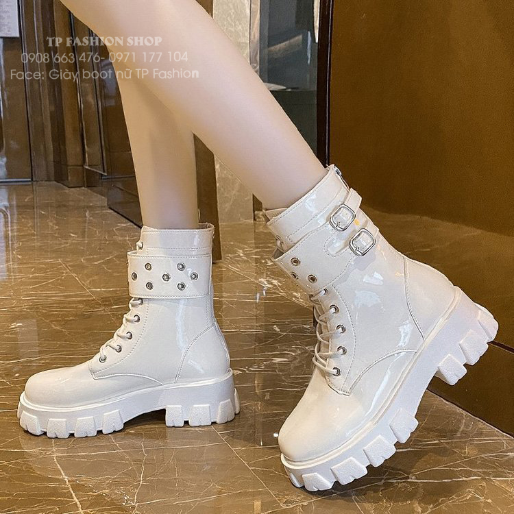 Giày boot nữ buộc dây DA BÓNG đế thấp 3cm màu TRẮNG cổ lửng 17cm chuẩn style CÁ TÍNH GBN29B