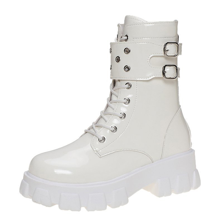 Giày boot nữ buộc dây DA BÓNG đế thấp 3cm màu TRẮNG cổ lửng 17cm chuẩn style CÁ TÍNH GBN29B