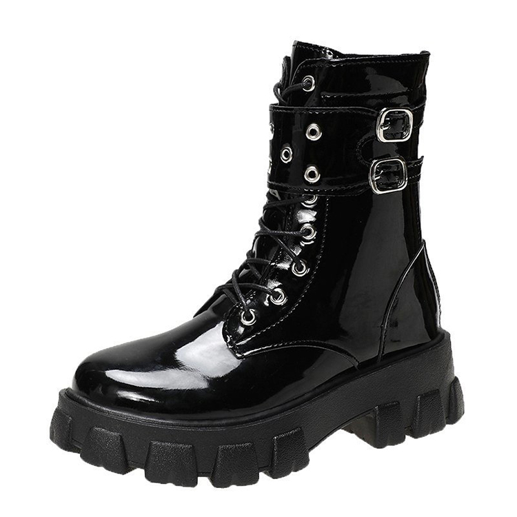 Giày boot nữ buộc dây DA BÓNG đế thấp 3cm cổ lửng 17cm chuẩn style CÁ TÍNH GBN29A