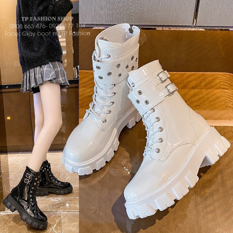 Giày boot nữ buộc dây DA BÓNG đế thấp 3cm cổ lửng 17cm chuẩn style CÁ TÍNH GBN29A