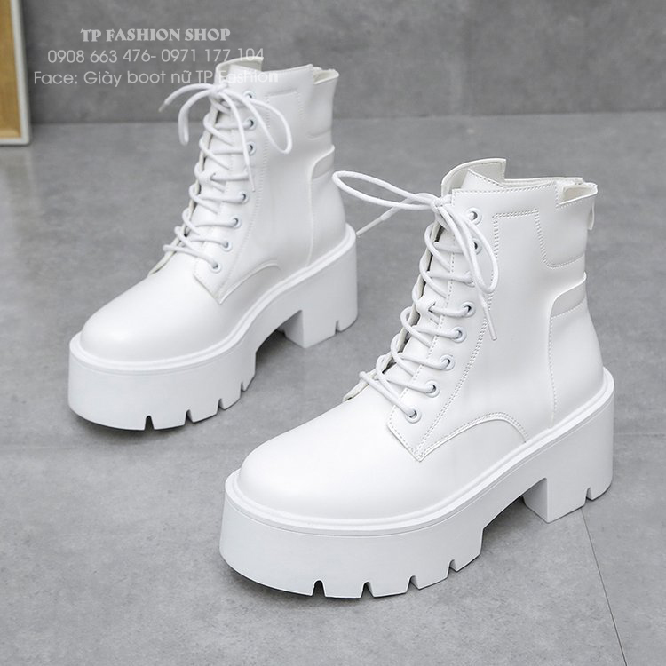 Combat boot nữ cổ ngắn thắt dây MÀU TRẮNG đế dầy 7cm TRẺ TRUNG- HIỆN ĐẠI GBN30B