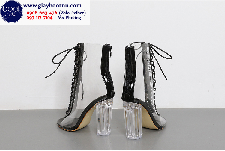 Giày boot nữ trong suốt cột dây THỜI THƯỢNG màu đen GBN3901