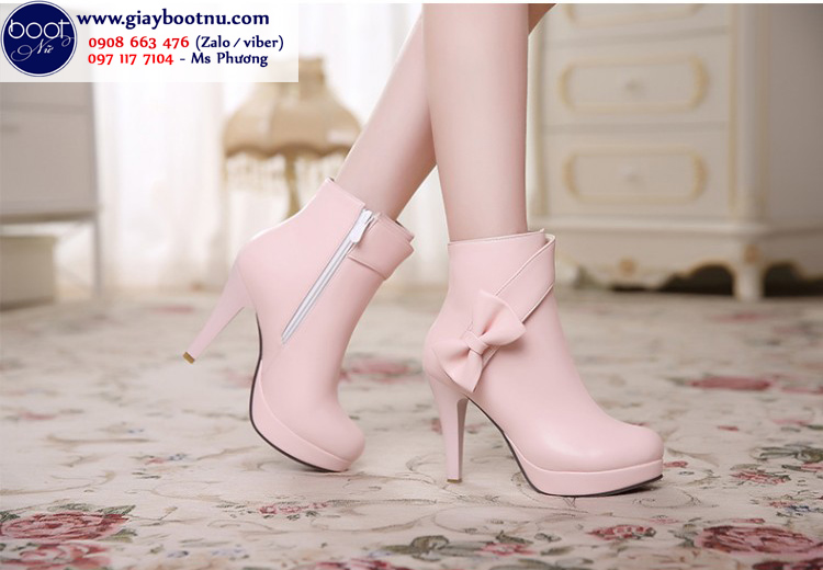Giày boot nữ đính nơ cực dễ thương màu hồng GBN4401