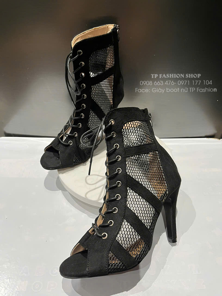 Giày boot lưới hở mũi cột dây DA LỘN cao gót 10cm GBN51B