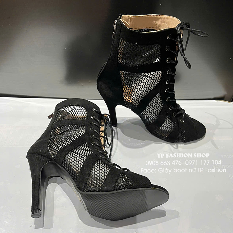 Giày boot lưới hở mũi cột dây DA LỘN cao gót 10cm GBN51B