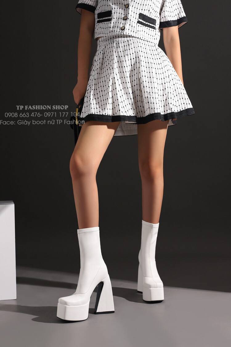 Giày boot dancer màu trắng MẪU MỚI gót vuông 14.5CM ĐƠN GIẢN- HIỆN ĐẠI GBN62B