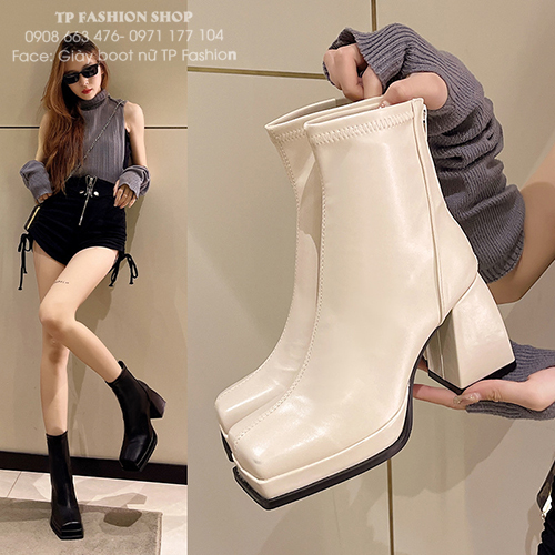 Giày boot nữ cổ ngắn gót trụ 9cm CHẮC CHÂN, MŨI VUÔNG thời thượng GBN64A