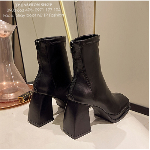 Giày boot nữ cổ ngắn gót trụ 9cm CHẮC CHÂN, MŨI VUÔNG thời thượng GBN64A