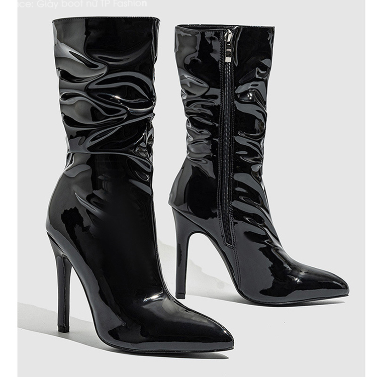 Giày boot cổ lửng da bóng NHĂN, XẾP LY hottrend mũi nhọn gót nhọn 11cm GBN65A