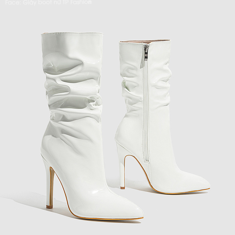 Giày boot cổ lửng da bóng NHĂN, XẾP LY màu trắng  hottrend mũi nhọn gót nhọn 11cm GBN65B