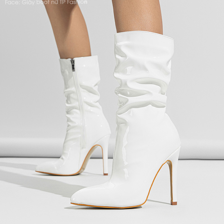 Giày boot cổ lửng da bóng NHĂN, XẾP LY màu trắng  hottrend mũi nhọn gót nhọn 11cm GBN65B